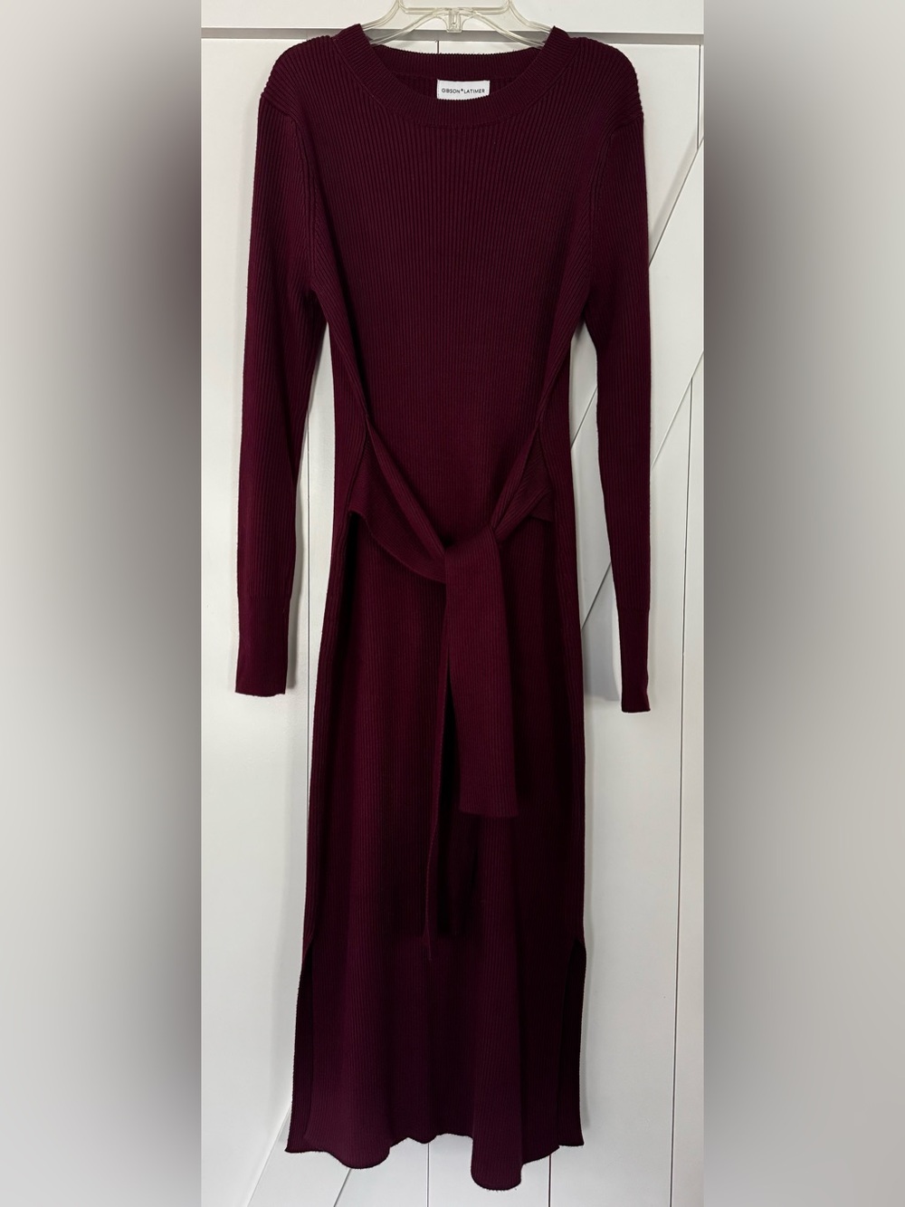 Gibson Latimer Long-Sleeve Ribbed Tie-Waist Dress in Burgundy